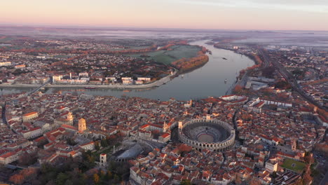 river-Rhône-in-Arles-Camargue-France-aerial-shot-sunrise